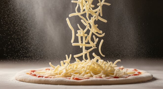 Shredded mozzarella cheese falling onto a pizza dough with tomato sauce against a dark background