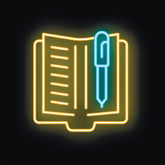 Glowing neon icon of open notebook with pen for writing and note taking, isolated vector illustration on black background