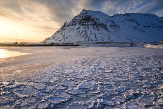 Icy Landscape with Snowy Mountain