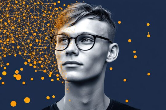 Profiling a contemplative young man with glasses against a deep navy background while an abstract neural network visualization emerges and symbolizes cognitive innovation and digital identity
