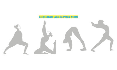 Architectural exercise people vector set featuring male and female silhouettes performing yoga, stretching, and workout poses. Perfect for fitness design, architectural drawings, gym posters.