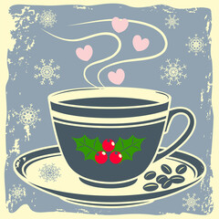 Christmas winter seasonal coffee cup with holly leaf and berries, coffee time winter season image with snowflakes and hearts