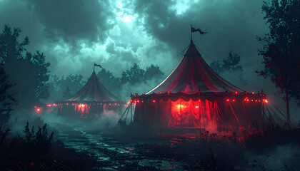 Eerie circus tents glow red in the misty forest at night, perfect for Halloween events, haunted attractions, or spooky themed designs and creative projects
