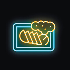 Neon sign depicting sliced bread baking in an oven, emitting a warm, inviting glow against a dark background