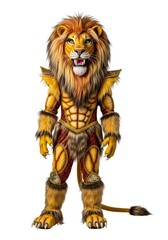 A person in an elaborate furry lion costume with a muscular body suit and golden accents stands on a white background