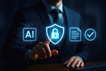 Businessman interacting with AI and security icons including a padlock and verified document suit
