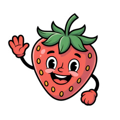 Obraz premium Happy Strawberry Cartoon Character Waving – Cute Kawaii Fruit T-Shirt Design