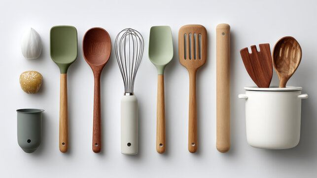 Stylish kitchen utensils arranged neatly, including spatulas, whisk, and mixing bowl, perfect for baking and cooking - Powered by Adobe