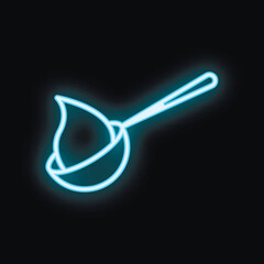 Blue neon icon of a ladle pouring liquid on a black background