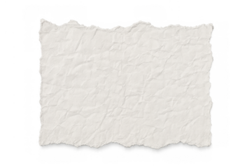 Crumpled torn paper with ragged edges, empty white texture as a blank note or message background, transparent alpha channel