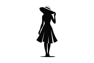 Stylish Woman Silhouette in Summer Dress and Sun Hat