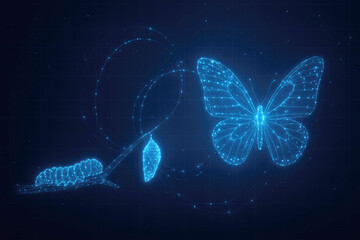 Digital Butterfly Life Cycle with Caterpillar Pupa and Butterfly in Neon Blue Wireframe transformation