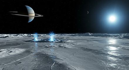 Enceladus: The Active Icy Moon Before Saturn – A Stunning View of Ice Geysers Under the Sun’s Glow