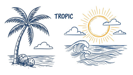 Hand-drawn sketch of a tropical paradise with a palm tree, coconuts, ocean waves, and shining sun