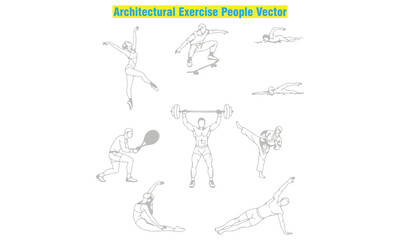 Architectural exercise people vector set featuring men and women performing yoga, stretching, fitness, and sports poses. Ideal for design projects, architectural drawings, gym posters, and wellness. 