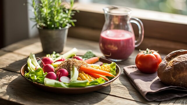 Fresh vegetable salad with bread and juice on wooden table in natural light
- Powered by Adobe