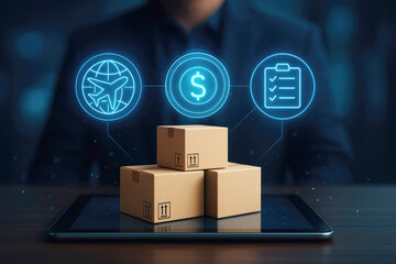 Digital Logistics and Global Shipping Icons Above Cardboard Boxes on Tablet delivery e-commerce