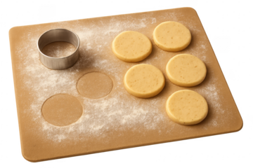 Cookie dough circles and cutter on baking mat