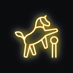 Neon sign of a horse jumping a hurdle glowing yellow against a black background