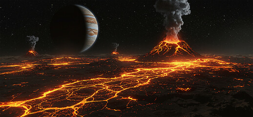 Land of Fire Before Jupiter: A Sci-Fi View of an Active Volcanic Surface with Glowing Lava and Erupting Volcanoes Before the Giant Planet Jupiter