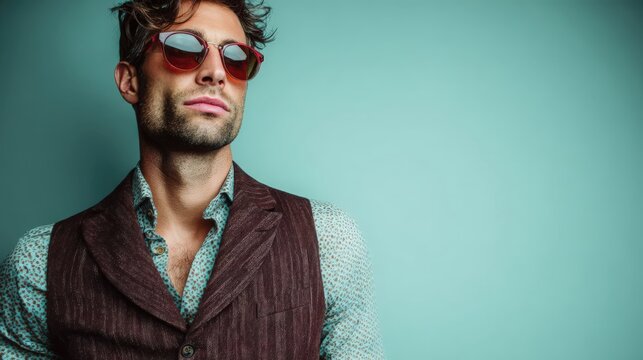 A young Caucasian man with curly hair and sunglasses poses confidently against a teal background. He wears a stylish vest over a patterned shirt.