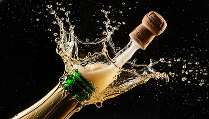 Champagne bottle cork flying with splash of bubbles on black background  