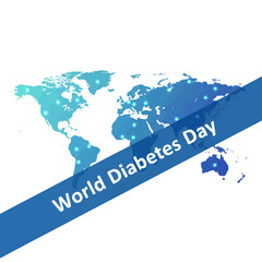 Obraz premium Flat vector world map in blue shades with glowing cities and blue ribbon for World Diabetes Day awareness
