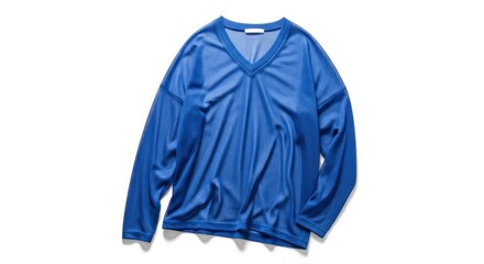 A royal blue long-sleeved V-neck mesh shirt is displayed flat against a white background showing its textured fabric and relaxed fit