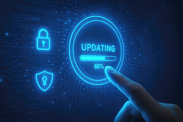 Finger touching screen displaying software update progress bar at 60 percent with security icons technology