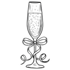 A champagne glass decorated with a coquette bow a hand-drawn vector illustration in sketch style. Whimsical line art of sparkling wine. A realistic engraving of a romantic holiday drink. © Olga Shulgina