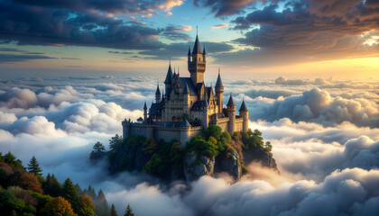 Majestic castle floating above the clouds at sunrise offering a breathtaking fantasy landscape for storybook illustrations and fairytale settings