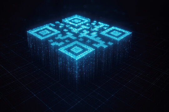 Futuristic glowing blue QR code made of digital particles on a dark grid background QR code barcode - Powered by Adobe
