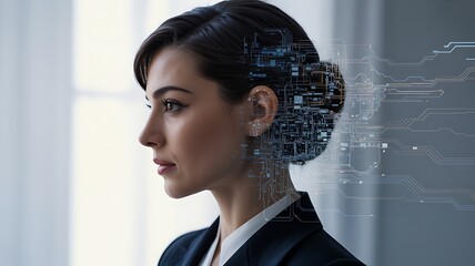 Businesswoman with digital artificial intelligence interface and futuristic technology concept