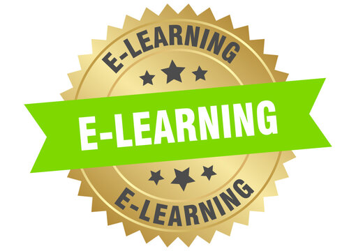 e-learning. e-learning round green and gold label isolated on transparent background