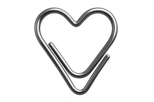 Silver metal paperclip forming heart shape, transparent background