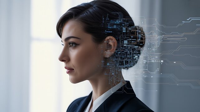 Businesswoman with digital artificial intelligence interface and futuristic technology concept
 - Powered by Adobe