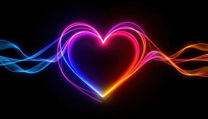 A glowing heart shape created with colorful light trails on a black background. The design features vibrant hues of pink, blue, and orange, symbolizing love and affection.