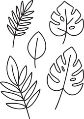 Leaf icon set—black-and-white vector illustrations of stylized botanical shapes for nature, design, and decorative themes