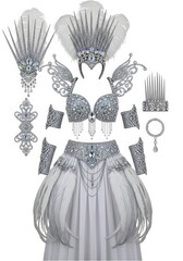A shimmering elaborate costume ensemble featuring feathered headpieces a jeweled bra a skirt with feathers arm cuffs and decorative accessories