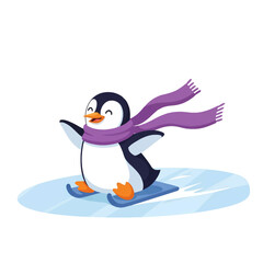 Obraz premium Happy penguin gliding on ice wearing a purple scarf. Playful winter cartoon illustration