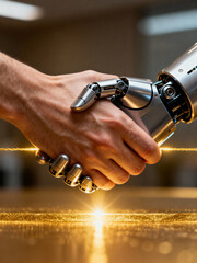 A human hand and a robotic hand are engaged in a handshake, representing the partnership between humans and machines. This moment conveys a future of cooperation