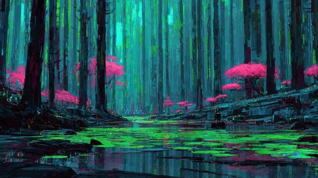A vibrant, stylized forest scene with a flowing waterway, featuring vivid pink trees and glowing teal and emerald hues.