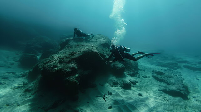 Two scuba divers explore the vibrant underwater world near a rocky outcrop in a crystal-clear ocean, creating a sense of adventure and deep-sea exploration.