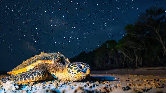 A majestic sea turtle crawls across the sandy beach under a breathtaking starry night sky near a lush forest, creating a magical and serene coastal scene.