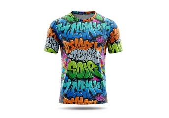 A short-sleeved garment featuring a vibrant all-over pattern of colorful graffiti-style block letters and graphic shapes in shades of blue orange green and white