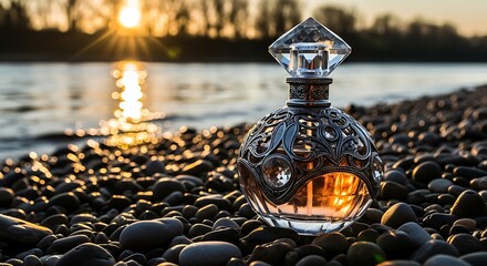 Experience the captivating allure of a luxury perfume bottle at sunset along a tranquil riverbank, evoking a sense of elegant beauty and serenity.