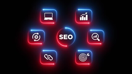Glowing neon SEO with business icons animation isolated on black background