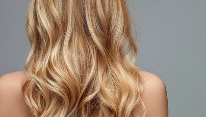 Naklejka premium Close-Up Capture Of The Stylish Wavy Blonde Tresses Of A Youthful Woman On A Neutral Background, Showcasing Hair Transformation. Beauty And Style.