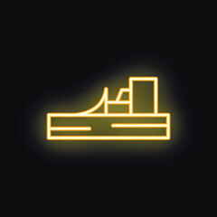 Yellow neon icon of a cargo ship delivering goods, isolated on a black background