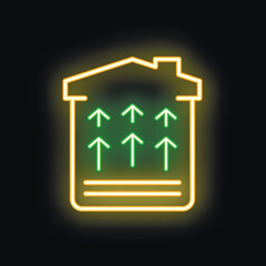 Neon icon of a vertical farm glowing yellow and green on a black background